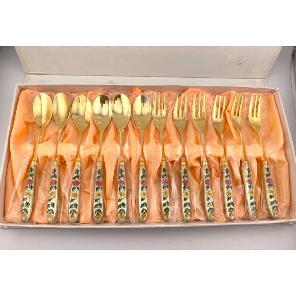 Woo Sung Co. Appetizer Hor d'oeuvres Spoons Forks Set 12pc Gold Stainless Floral - Picture 1 of 8